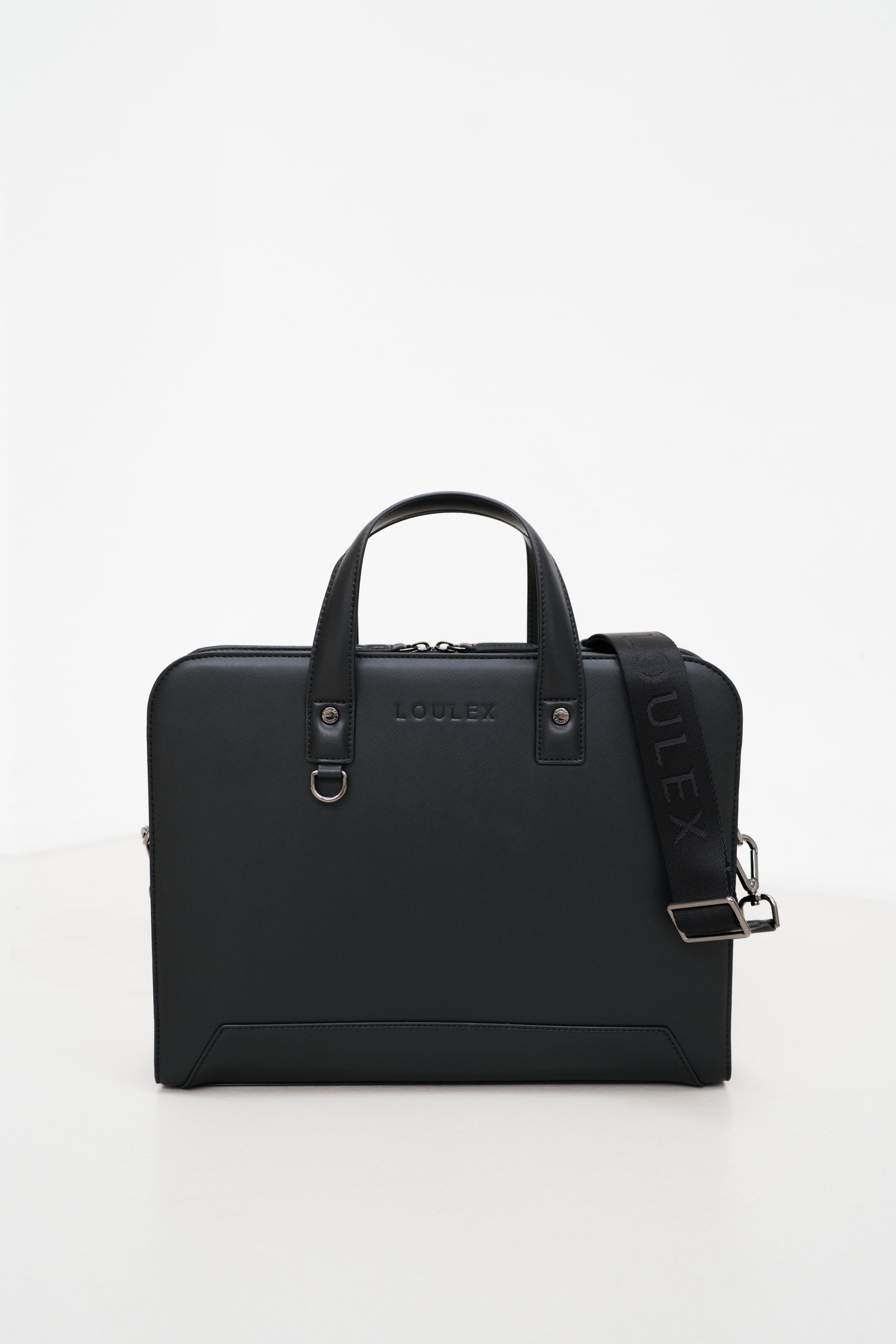 Black briefcase with visible brand logo on a white background