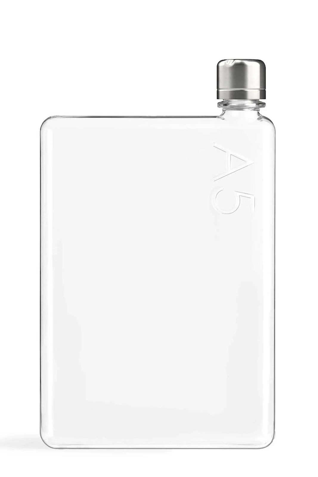 Clear glass flask with silver cap on a white background