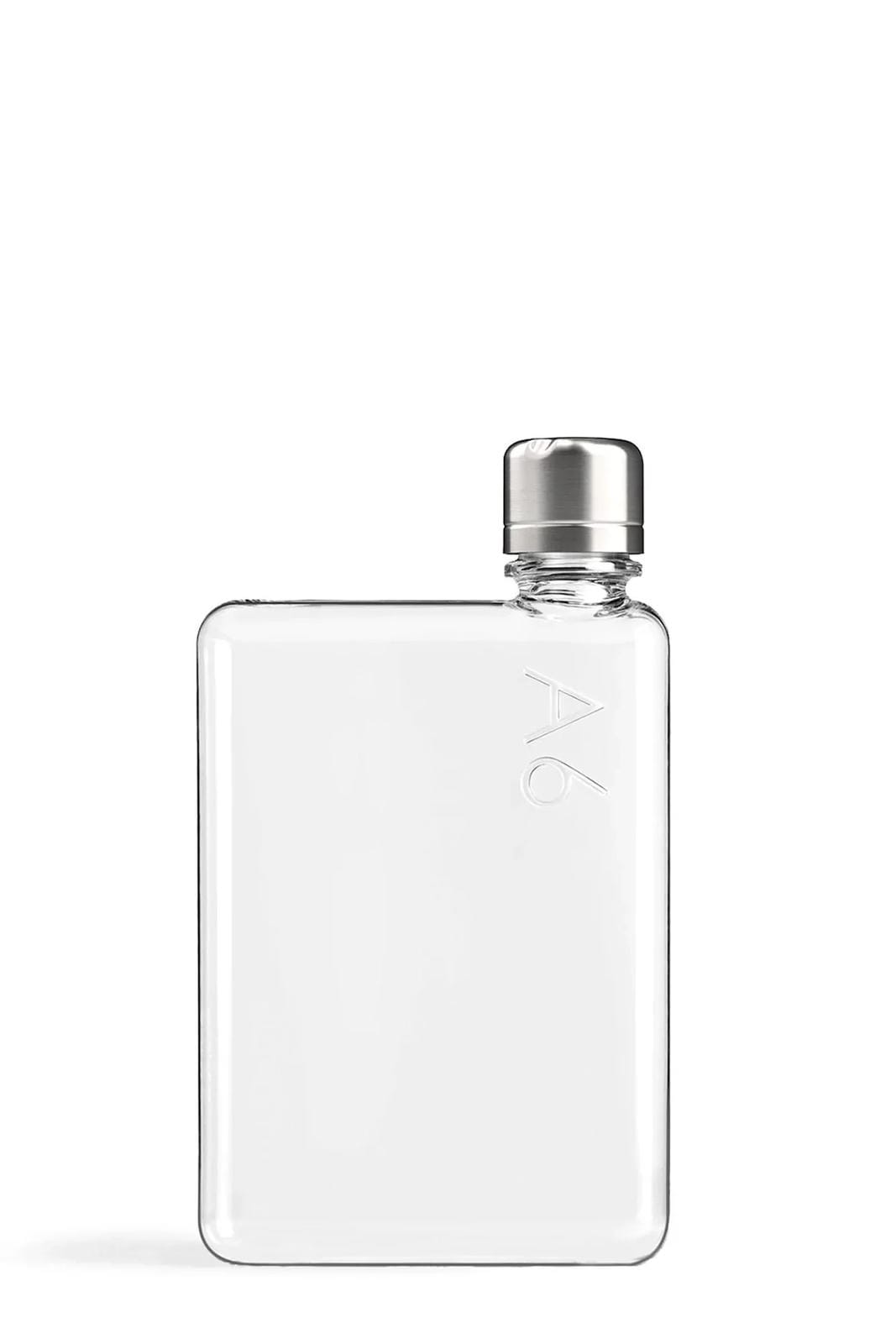 Clear flask with silver cap on a white background