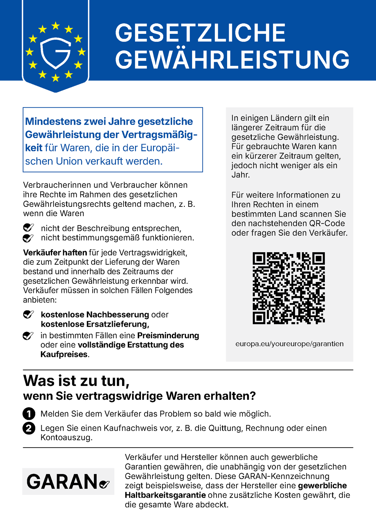 EU-Hinweis Gesetzliche Gewährleistung: Für Waren, die in der Europäischen Union verkauft werden, gilt mindestens zwei Jahre die gesetzliche Gewährleistung. Entsprechen Waren nicht der Beschreibung oder funktionieren sie nicht bestimmungsgemäß, muss der Verkäufer kostenlos nachbessern oder ersetzen, in bestimmten Fällen den Preis mindern oder den Kaufpreis erstatten. Melden Sie das Problem so bald wie möglich und legen Sie einen Kaufnachweis vor.