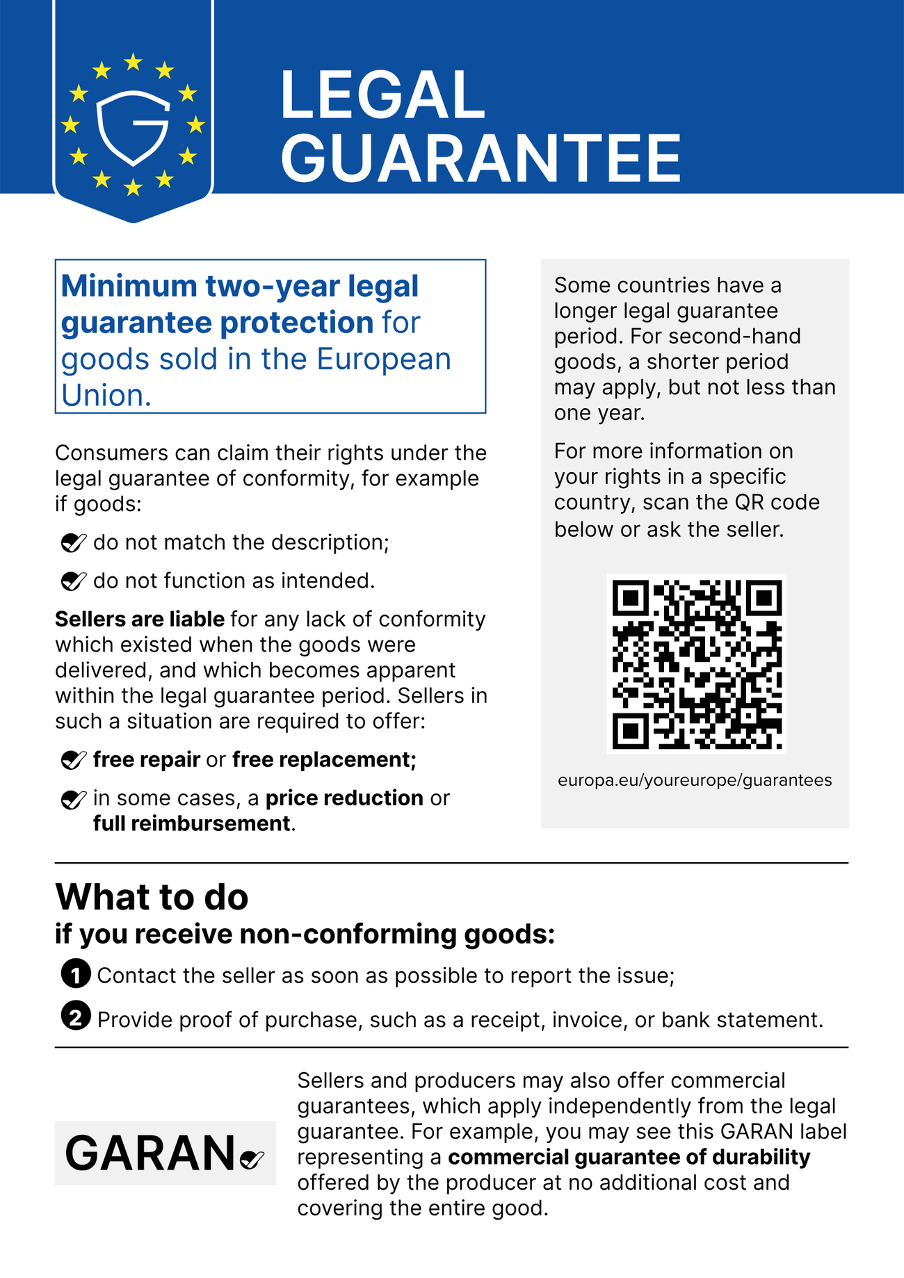 EU notice on the legal guarantee: goods sold in the European Union have a legal guarantee of conformity of at least two years. If goods do not match the description or do not function as intended, the seller must repair or replace them free of charge, or in some cases reduce the price or give a full refund. Report the problem as soon as possible and provide proof of purchase.