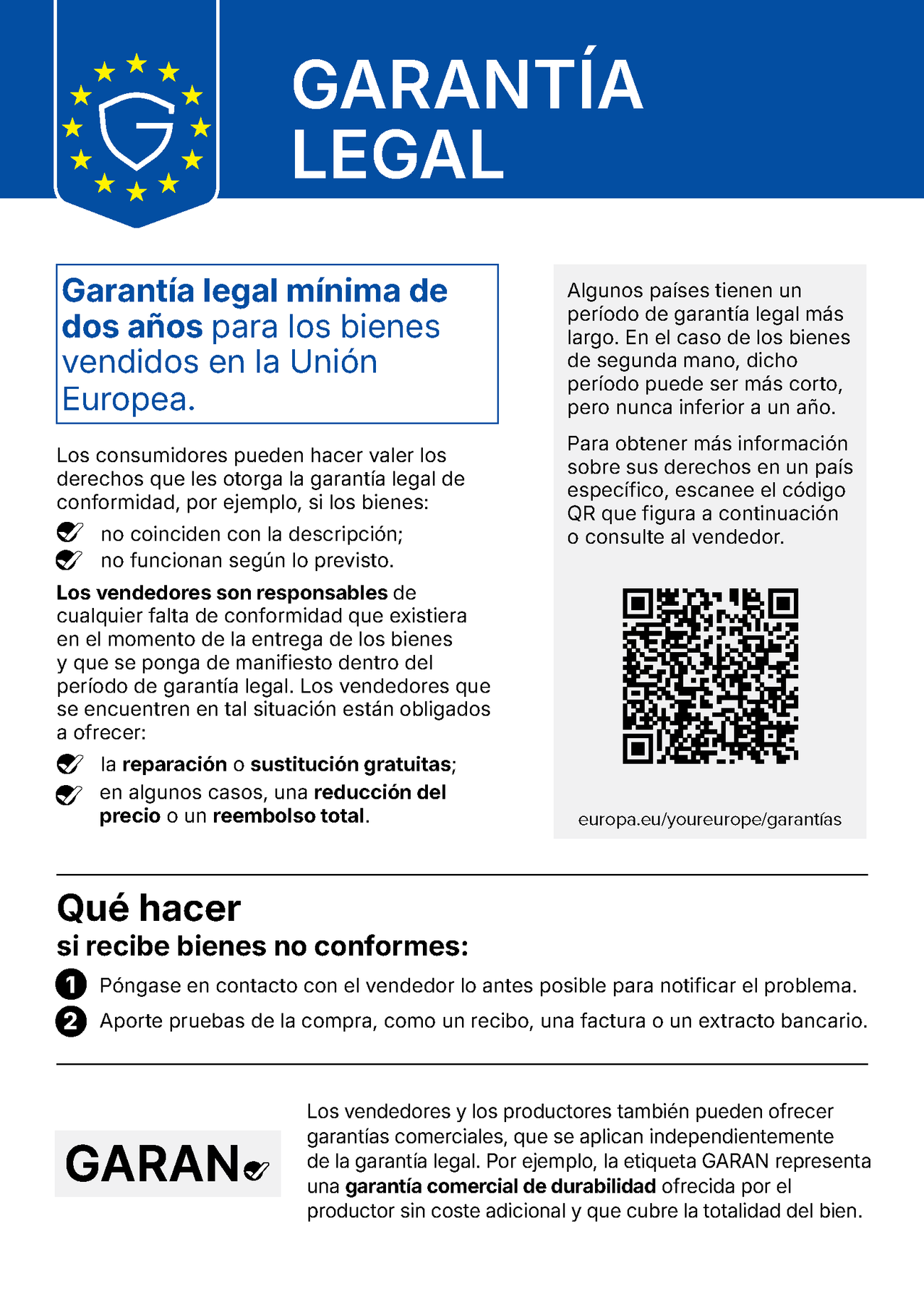 Aviso de la UE sobre la garantía legal: los bienes vendidos en la Unión Europea tienen una garantía legal de conformidad de al menos dos años. Si un bien no se ajusta a la descripción o no funciona como debería, el vendedor debe repararlo o sustituirlo gratis o, en algunos casos, rebajar el precio o reembolsarlo por completo. Informe del problema lo antes posible y presente un justificante de compra.