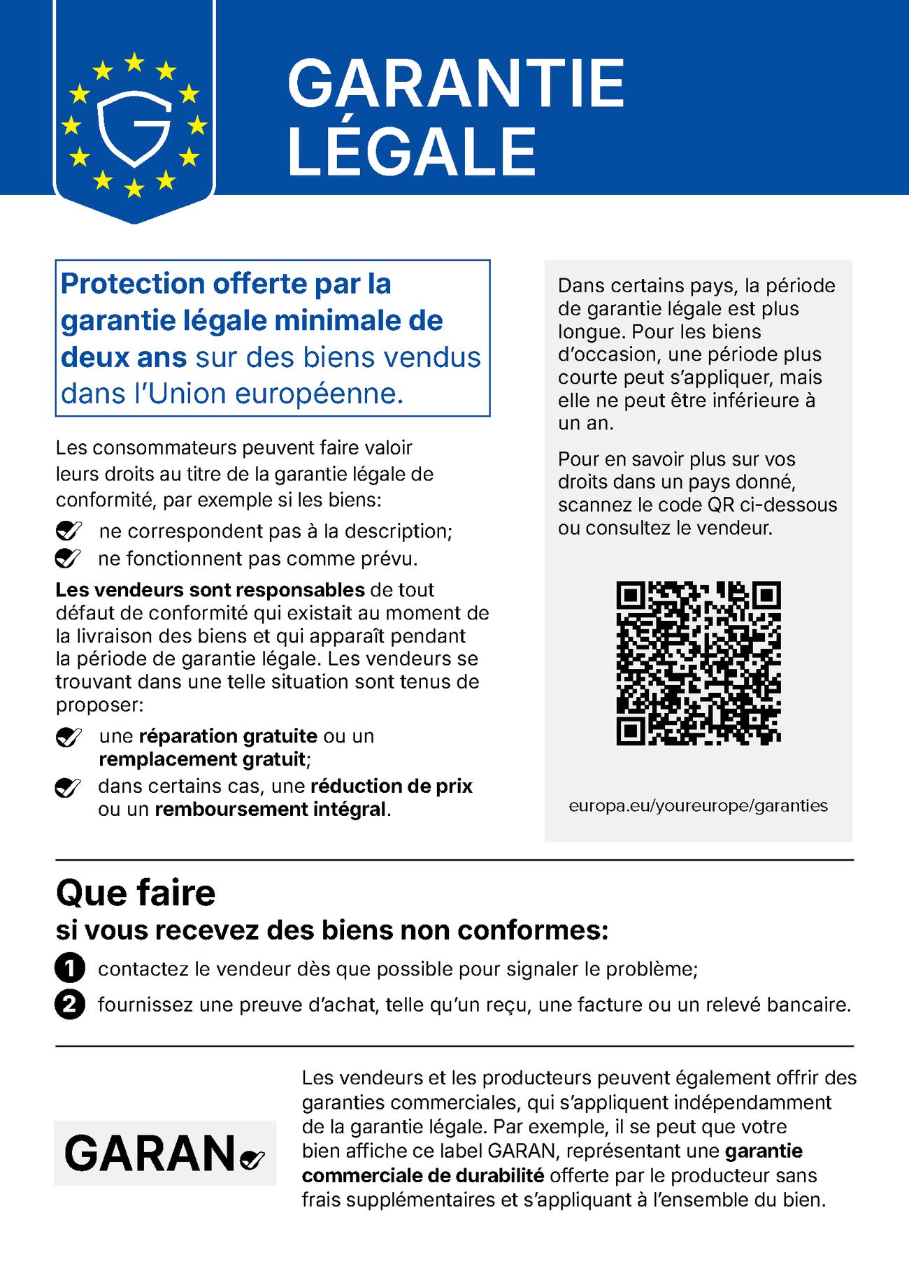 Avis de l’UE sur la garantie légale : les biens vendus dans l’Union européenne bénéficient d’une garantie légale de conformité d’au moins deux ans. Si un bien ne correspond pas à la description ou ne fonctionne pas comme prévu, le vendeur doit le réparer ou le remplacer gratuitement, ou dans certains cas réduire le prix ou rembourser intégralement. Signalez le problème dès que possible et présentez une preuve d’achat.
