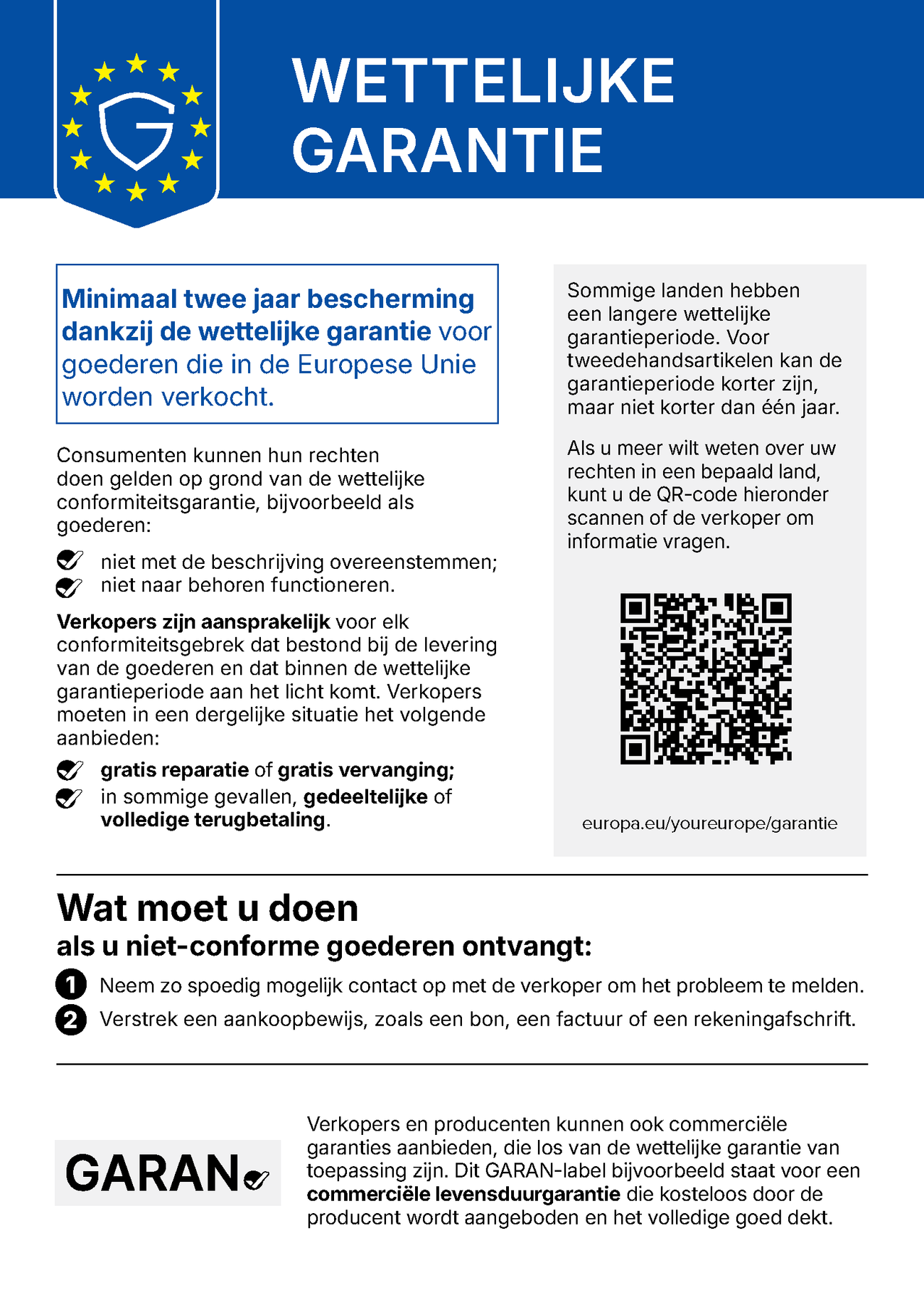 EU-kennisgeving wettelijke garantie: voor goederen die in de Europese Unie worden verkocht, geldt een wettelijke conformiteitsgarantie van minstens twee jaar. Komen goederen niet overeen met de beschrijving of werken ze niet zoals bedoeld, dan moet de verkoper ze gratis repareren of vervangen, of in sommige gevallen de prijs verlagen of volledig terugbetalen. Meld het probleem zo snel mogelijk en lever een aankoopbewijs.